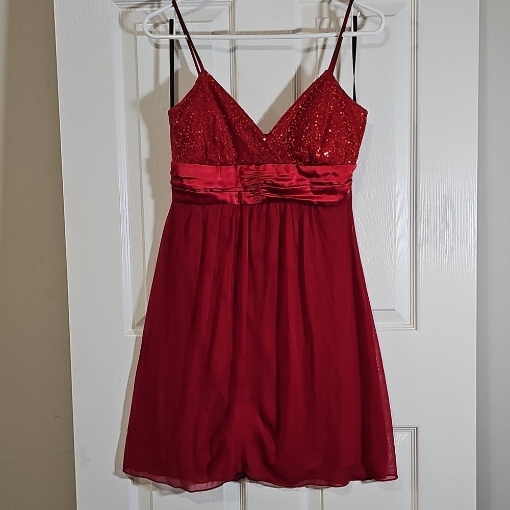 Taboo Red Dress Sequin Bust V-Neck Spaghetti Strap Satin Waist No Size Tag